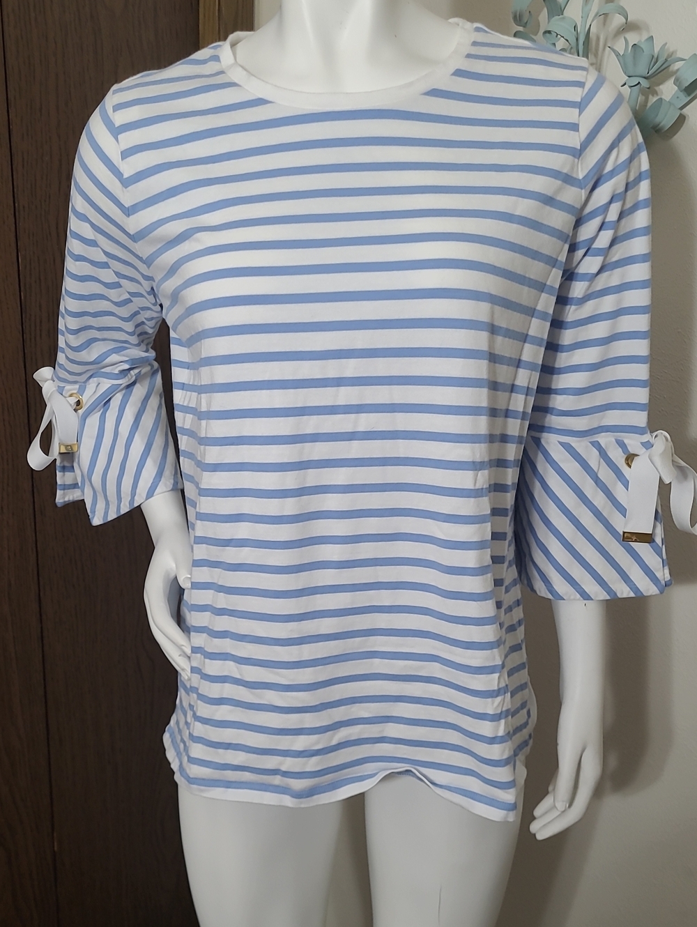 Ralph Lauren Blue and White Striped Tie-Sleeve Long Sleeve Top